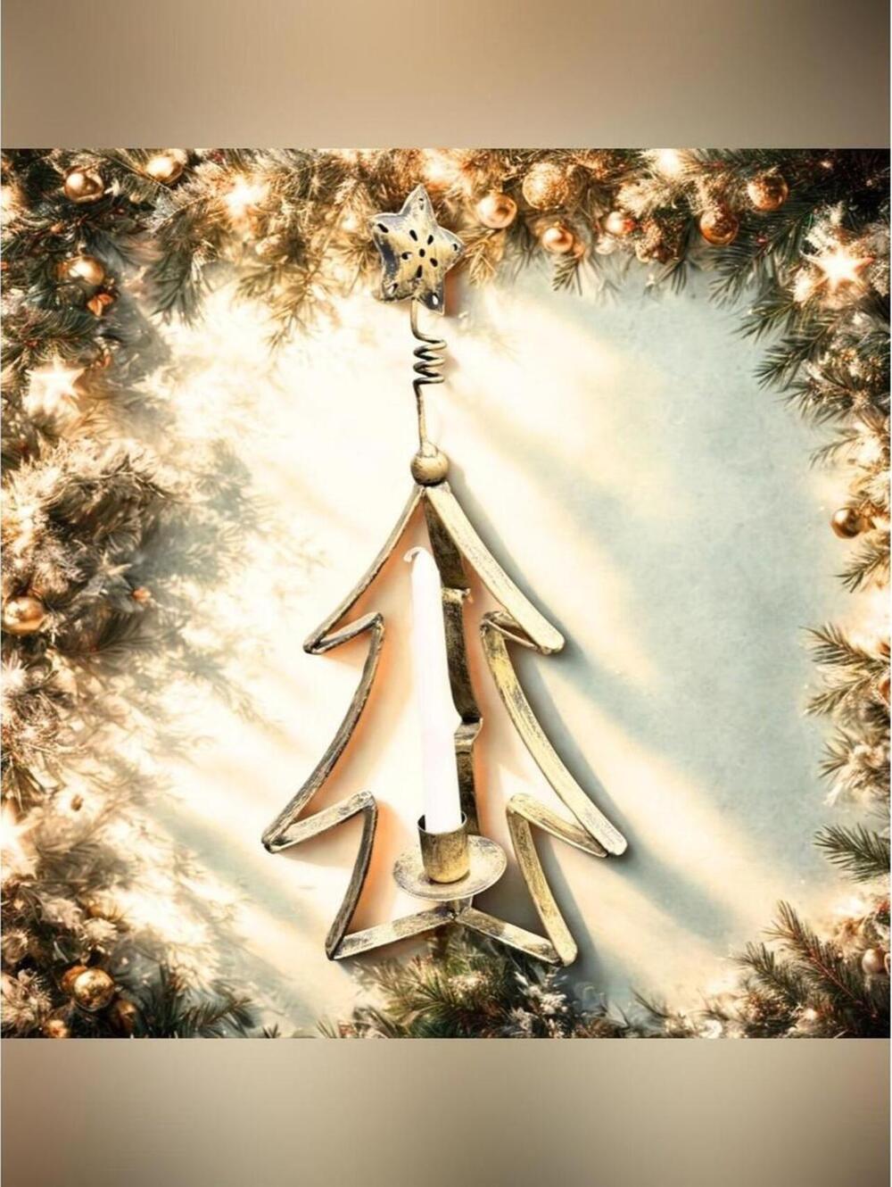 Vintage Brass Christmas Tree Candle Holder with Distressed Aged Patina - Rustic